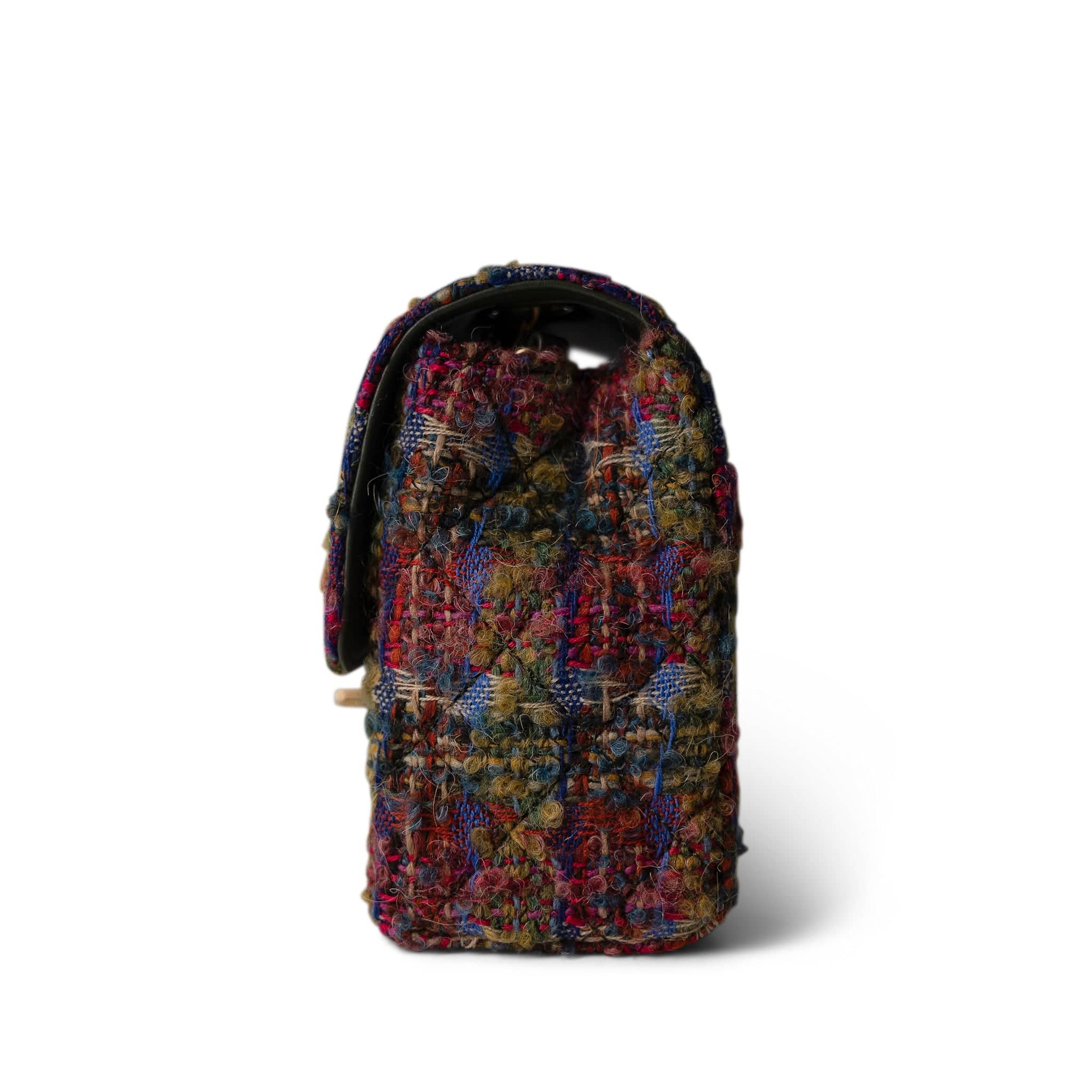 REDELUXE Handbag 22K Multicolor Tweed Quilted Mini Square Flap Aged Gold Hardware - Redeluxe