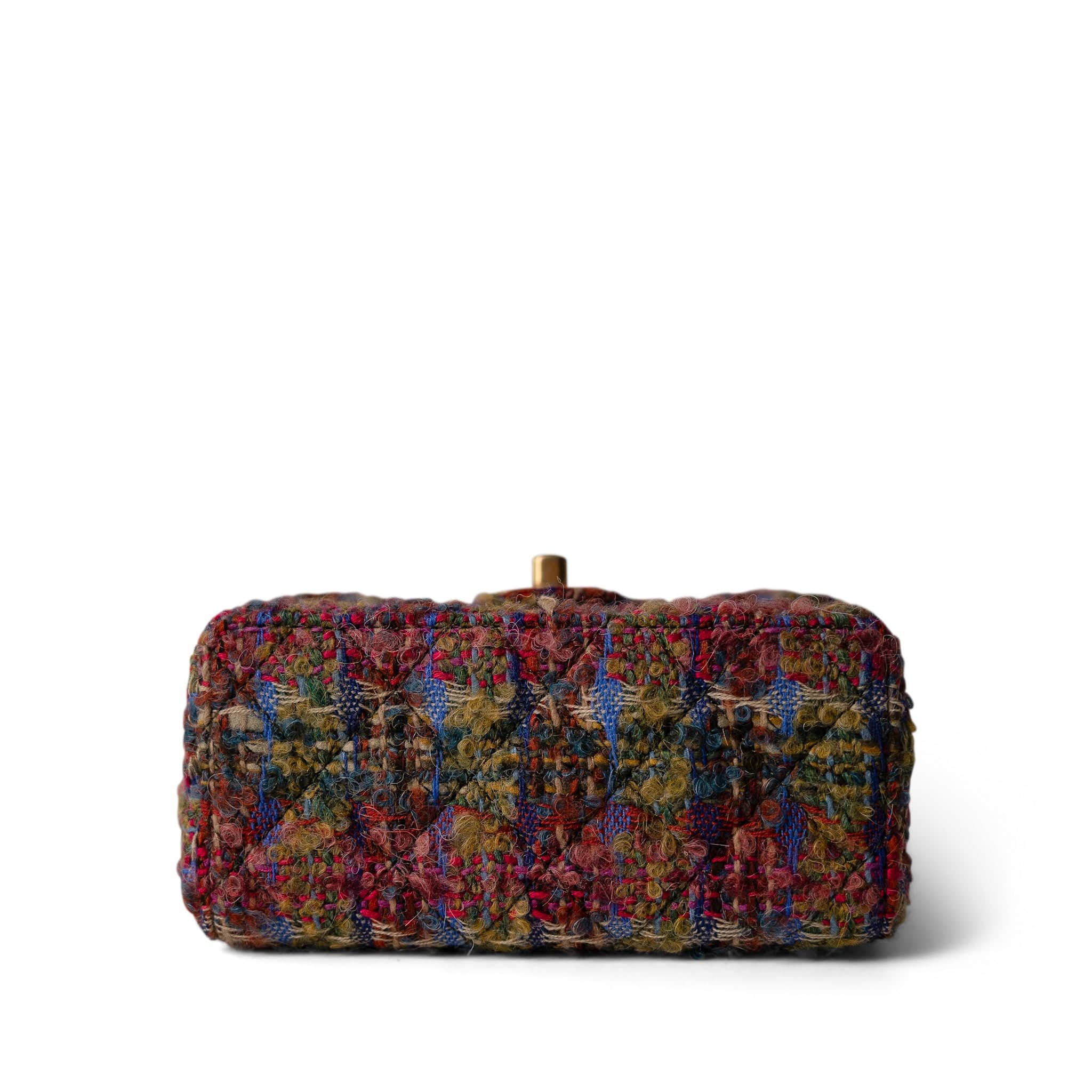 REDELUXE Handbag 22K Multicolor Tweed Quilted Mini Square Flap Aged Gold Hardware - Redeluxe